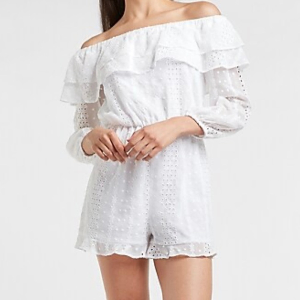 Express XL eyelet white ruffle off the shoulder romper